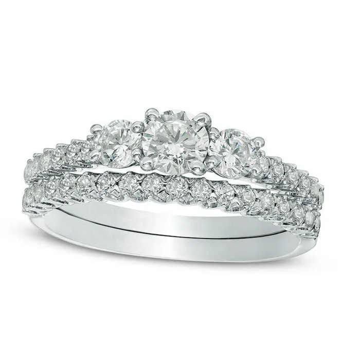 10 CT TW Natural Diamond Three Stone Bridal Engagement Ring Set in Solid 10K White Gold Goldia Rings 10 CT TW Natural Diamond Three Stone Bridal Engagement Ring Set in Solid 10K White Gold Goldia Rings