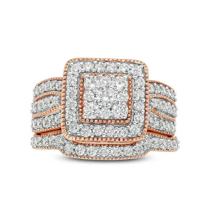 125 CT TW Composite Natural Diamond Square Frame Antique VintageStyle MultiRow Bridal Engagement Ring Set in Solid 10K Rose Gold Goldia Rings 125 CT TW Composite Natural Diamond Square Frame Antique VintageStyle MultiRow Bridal Engagement Ring Set in Solid 10K Rose Gold Goldia Rings