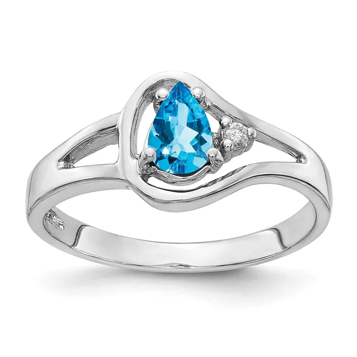 Goldiacom 14k White Gold 6x4mm Pear Blue Topaz AA Real Diamond ring Rings