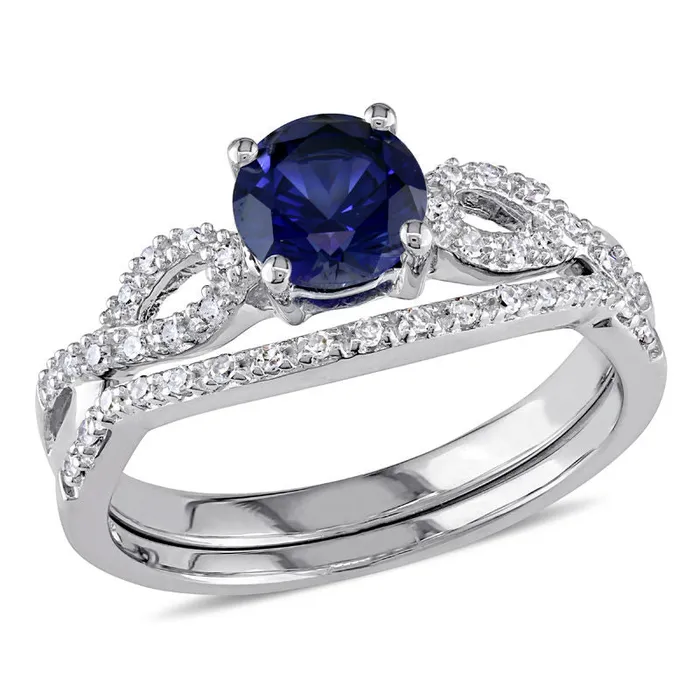 Goldiacom 60mm LabCreated Blue Sapphire and 18 CT TW Diamond Twist Shank Bridal Engagement Ring Set in 14K White Gold Rings Goldiacom 60mm LabCreated Blue Sapphire and 18 CT TW Diamond Twist Shank Bridal Engagement Ring Set in 14K White Gold Rings