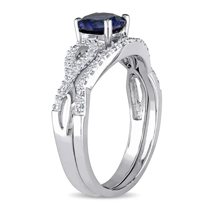 Goldiacom 60mm LabCreated Blue Sapphire and 18 CT TW Diamond Twist Shank Bridal Engagement Ring Set in 14K White Gold Rings