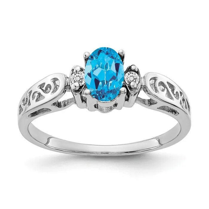 Goldiacom Rings 14k White Gold 6x4mm Oval Blue Topaz VS Real Diamond ring