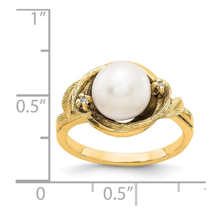 Goldiacom Rings 14K Yellow Gold 75mm FW Cultured Pearl VS Real Diamond ring