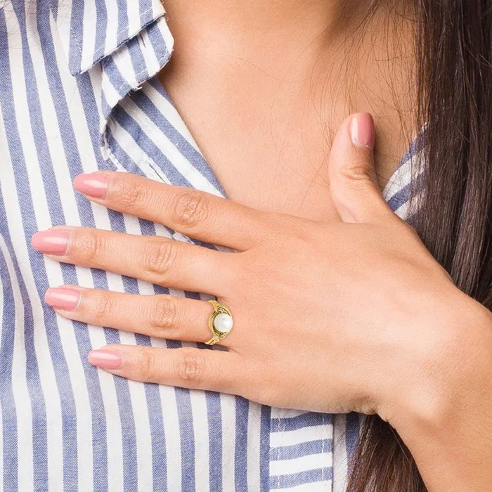 Goldiacom Rings 14K Yellow Gold 75mm FW Cultured Pearl VS Real Diamond ring