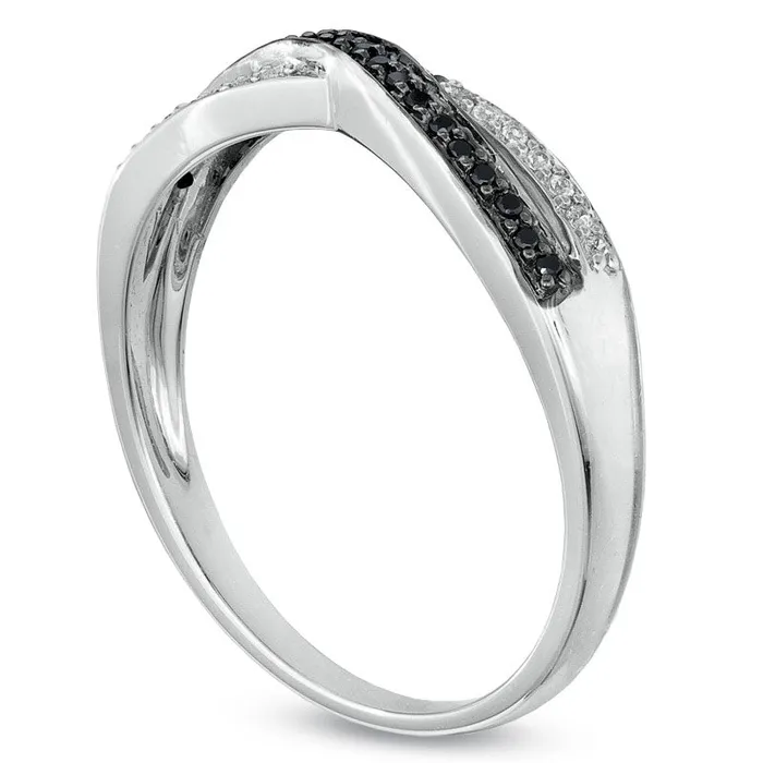 Goldia Rings 010 CT TW Enhanced Black and White Natural Diamond Crossover Band in Sterling Silver