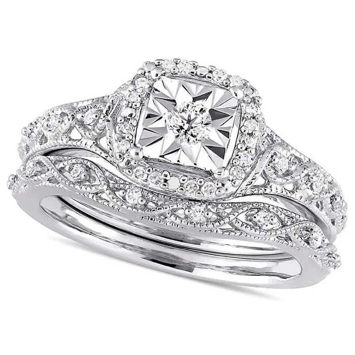 Goldia Rings 020 CT TW Natural Diamond Cushion Frame Twist Antique VintageStyle Bridal Engagement Ring Set in Sterling Silver