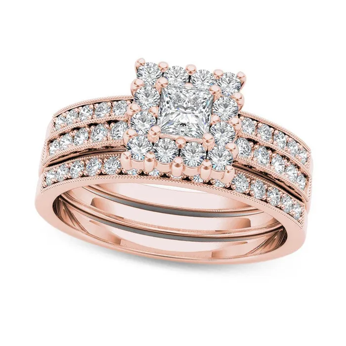 Goldia Rings 088 CT TW PrincessCut Natural Diamond Frame Three Piece Bridal Engagement Ring Set in Solid 14K Rose Gold Goldia Rings 088 CT TW PrincessCut Natural Diamond Frame Three Piece Bridal Engagement Ring Set in Solid 14K Rose Gold