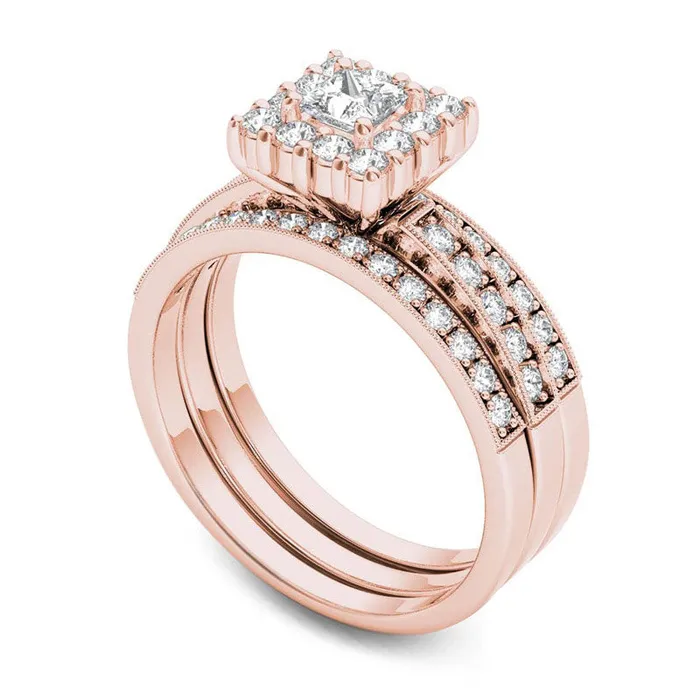Goldia Rings 088 CT TW PrincessCut Natural Diamond Frame Three Piece Bridal Engagement Ring Set in Solid 14K Rose Gold Goldia Rings 088 CT TW PrincessCut Natural Diamond Frame Three Piece Bridal Engagement Ring Set in Solid 14K Rose Gold