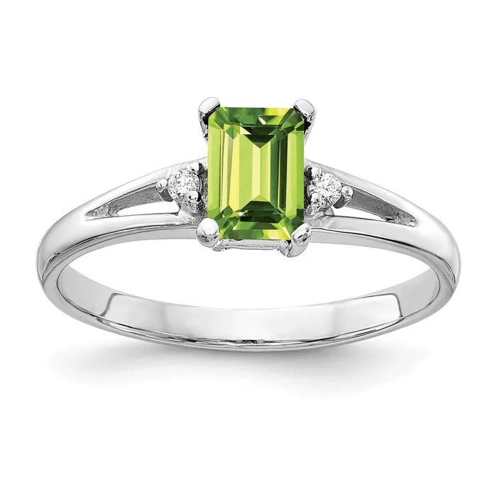 Goldia Rings 14k White Gold 6x4mm Emerald Cut Peridot AA Diamond ring