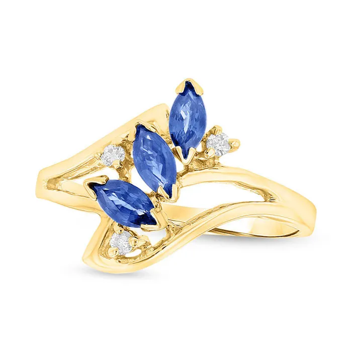 Goldia Rings Marquise Blue Sapphire and Natural Diamond Accent Three Stone Bypass Ring in Solid 14K Gold Goldia Rings Marquise Blue Sapphire and Natural Diamond Accent Three Stone Bypass Ring in Solid 14K Gold