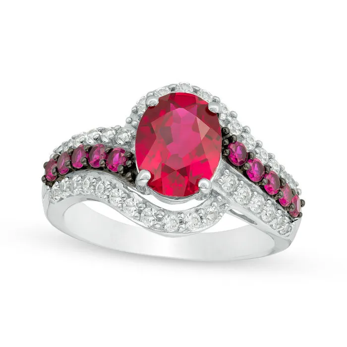 Goldia Rings Oval LabCreated Ruby and White Sapphire Triple Row Bypass Ring in Sterling Silver Goldia Rings Oval LabCreated Ruby and White Sapphire Triple Row Bypass Ring in Sterling Silver