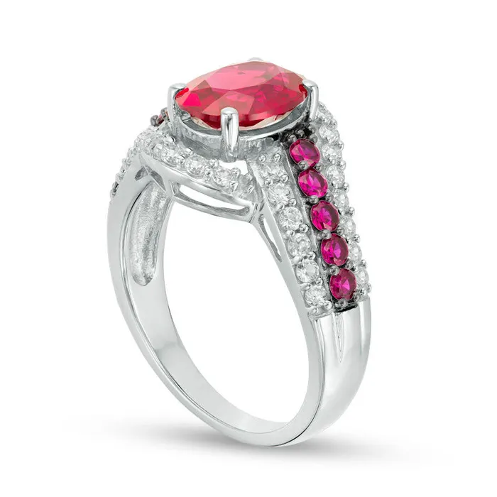 Goldia Rings Oval LabCreated Ruby and White Sapphire Triple Row Bypass Ring in Sterling Silver Goldia Rings Oval LabCreated Ruby and White Sapphire Triple Row Bypass Ring in Sterling Silver