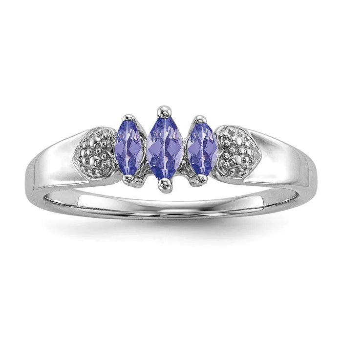 Goldia Rings Sterling Silver Rhodium 3 Stone Tanzanite and Diamond Ring