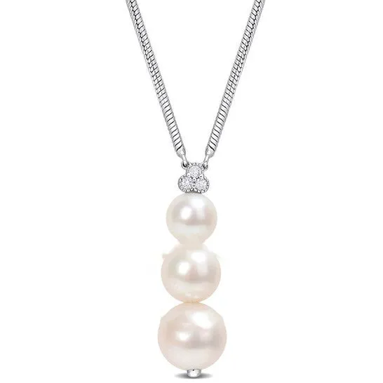 JMS always Necklaces Original AMOUR Freshwater Cultured Pearl and 110 CT TGW White Topaz Graduated Pendant with Chain In Sterling Silver JMS always Necklaces Original AMOUR Freshwater Cultured Pearl and 110 CT TGW White Topaz Graduated Pendant with Chain In Sterling Silver