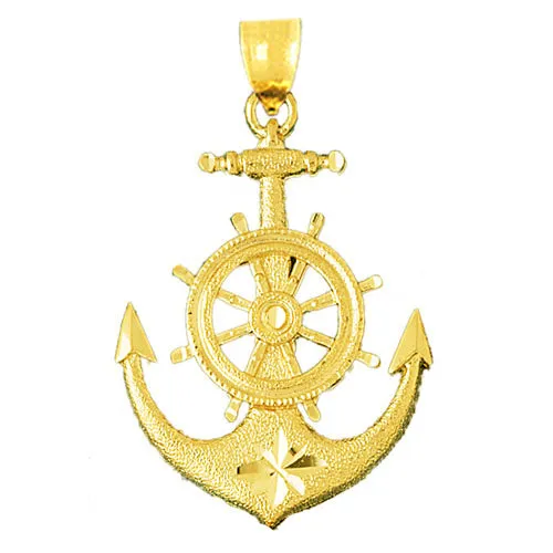 Necklaces Goldia 14K Gold 42MM Ship Wheel and Anchor Pendant
