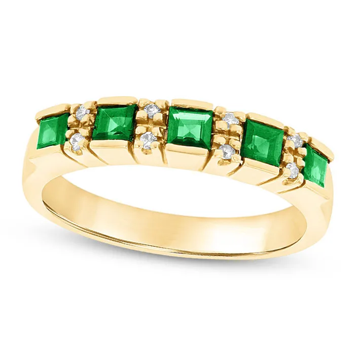 PrincessCut Emerald and Natural Diamond Accent Five Stone Ring in Solid 14K Gold Goldia Rings PrincessCut Emerald and Natural Diamond Accent Five Stone Ring in Solid 14K Gold Goldia Rings