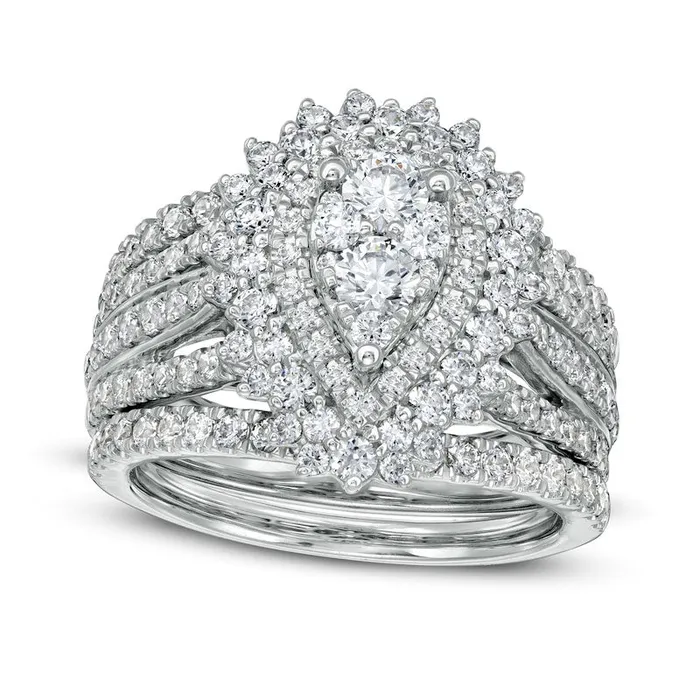 Rings Goldia 188 CT TW Composite Natural Diamond Double Frame Sunburst Three Piece Bridal Engagement Ring Set in Solid 14K White Gold Rings Goldia 188 CT TW Composite Natural Diamond Double Frame Sunburst Three Piece Bridal Engagement Ring Set in Solid 14K White Gold