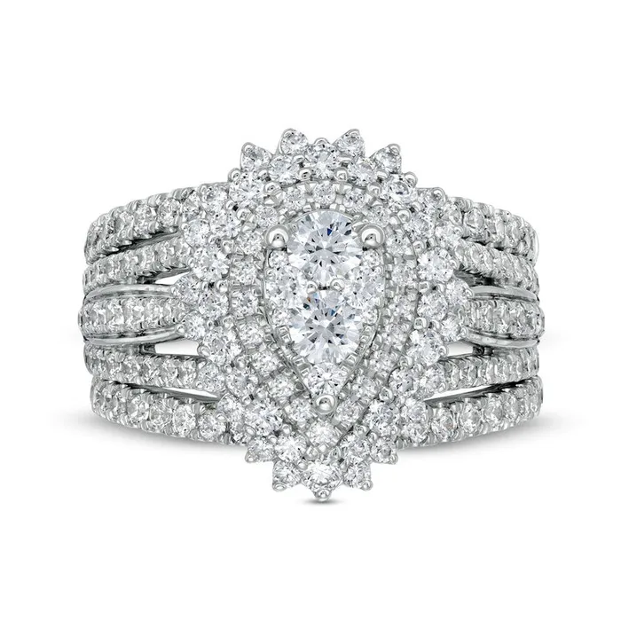 Rings Goldia 188 CT TW Composite Natural Diamond Double Frame Sunburst Three Piece Bridal Engagement Ring Set in Solid 14K White Gold Rings Goldia 188 CT TW Composite Natural Diamond Double Frame Sunburst Three Piece Bridal Engagement Ring Set in Solid 14K White Gold