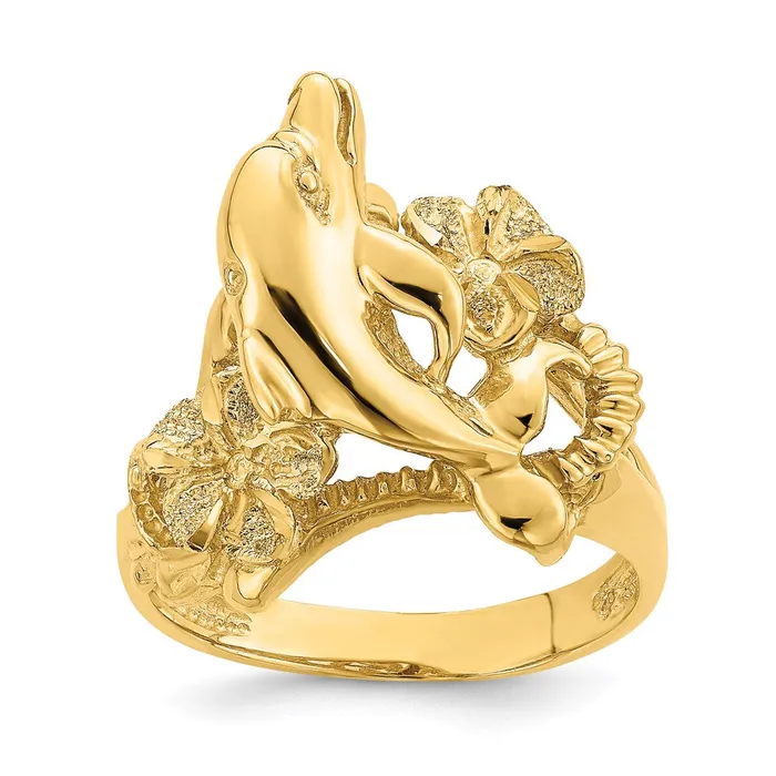 Rings Goldia 14K Yellow Gold Plumeria w Jumping Dolphins Ring