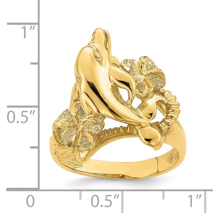 Rings Goldia 14K Yellow Gold Plumeria w Jumping Dolphins Ring
