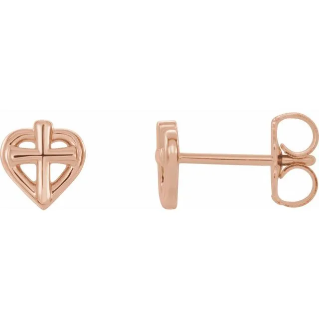 14K Rose Cross with Heart Youth Earrings TreasureFineJewelers Earrings