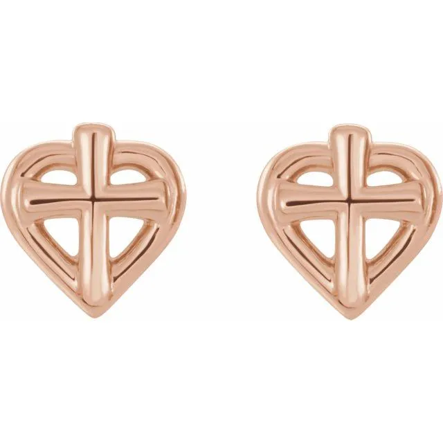 14K Rose Cross with Heart Youth Earrings TreasureFineJewelers Earrings