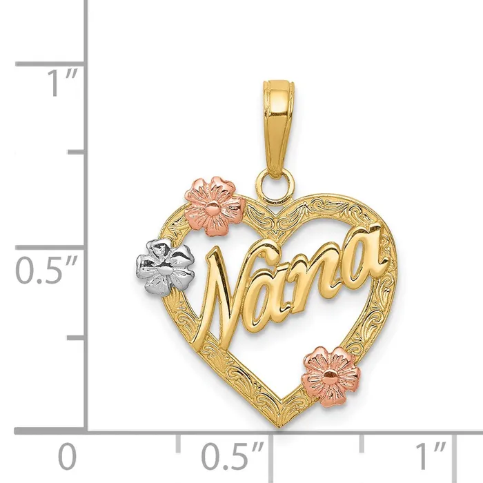 14K Tricolor NANA in Heart with Flowers Pendant TreasureFineJewelers Necklaces