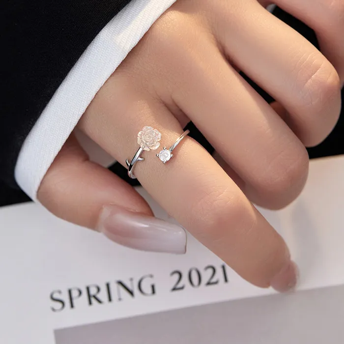925 Sterling Silver Camellia Flower Toi et Moi Ring Trendolla Jewelry Rings