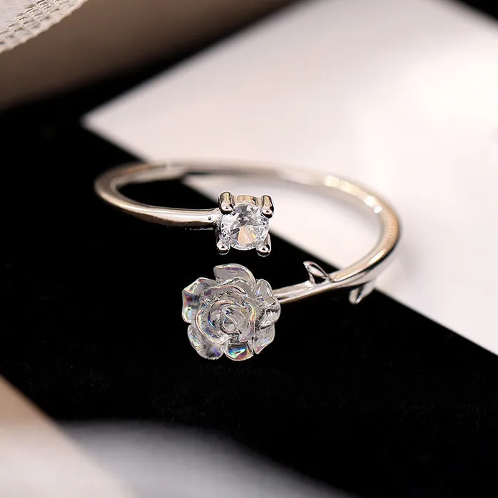 925 Sterling Silver Camellia Flower Toi et Moi Ring Trendolla Jewelry Rings