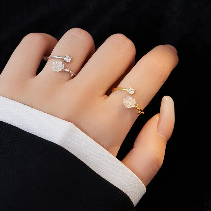 925 Sterling Silver Camellia Flower Toi et Moi Ring Trendolla Jewelry Rings