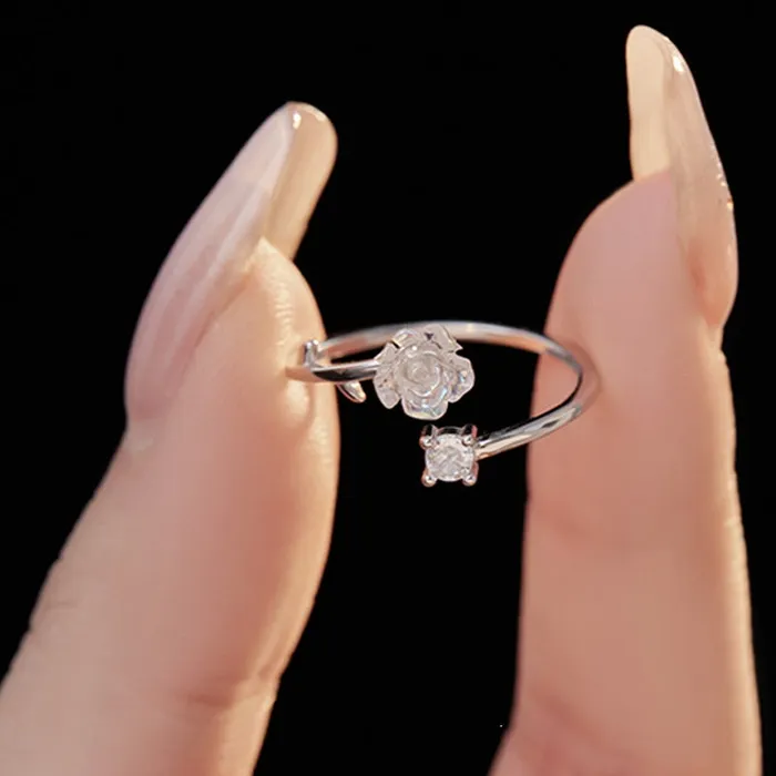 925 Sterling Silver Camellia Flower Toi et Moi Ring Trendolla Jewelry Rings