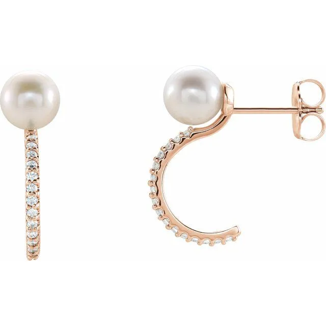 Earrings TreasureFineJewelers 14K Rose Freshwater Cultured Pearl 16 CTW Diamond Hoop Earrings