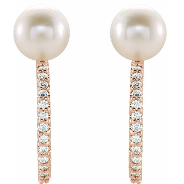 Earrings TreasureFineJewelers 14K Rose Freshwater Cultured Pearl 16 CTW Diamond Hoop Earrings