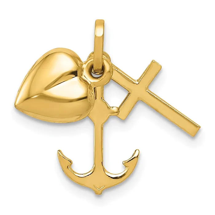 Necklaces TreasureFineJewelers 14k Yellow Gold Polished Heart Cross Anchor Pendant