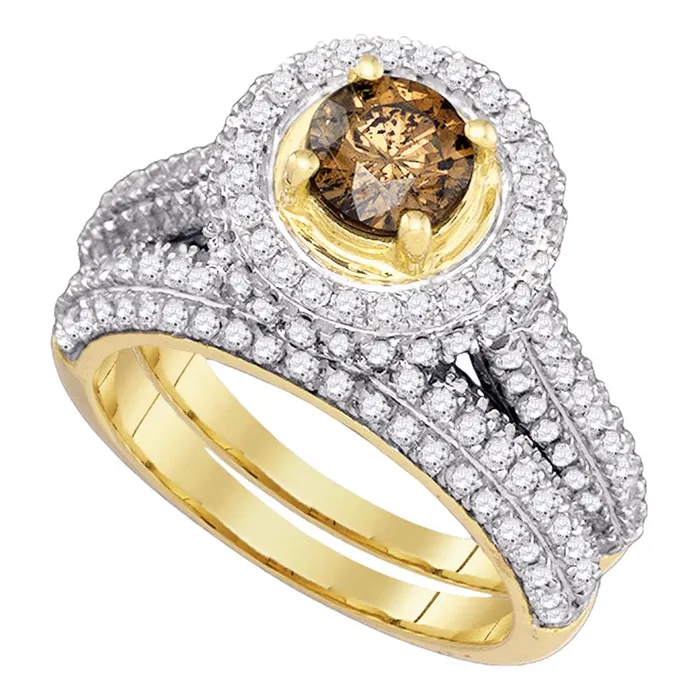 North Arrow Shop Rings 14kt yellow gold womens round cognac brown color enhanced diamond halo bridal wedding engagement ring band set 200 cttw77609 North Arrow Shop Rings 14kt yellow gold womens round cognac brown color enhanced diamond halo bridal wedding engagement ring band set 200 cttw77609