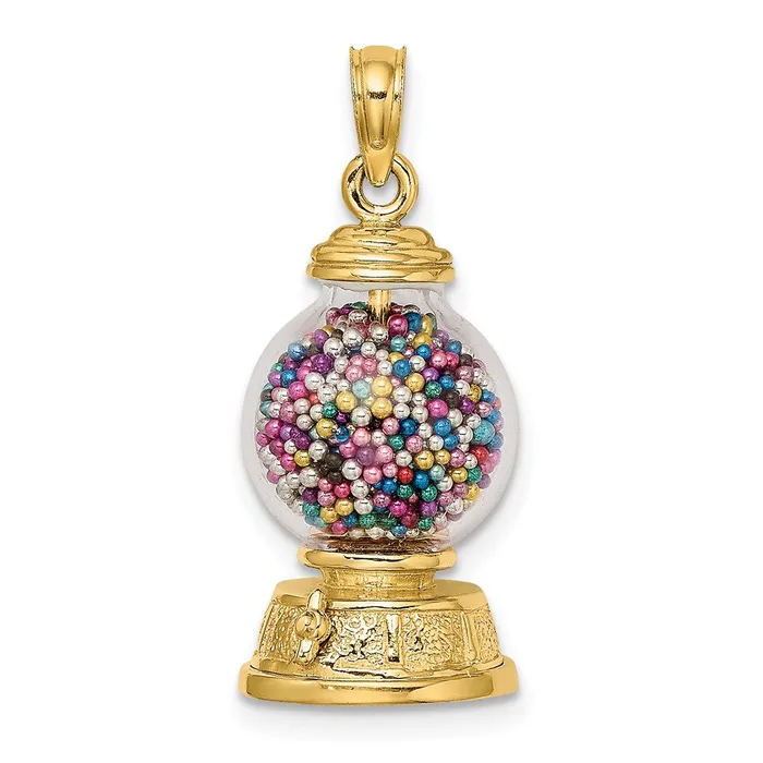 TreasureFineJewelers 14k Yellow Gold 3D Moveable Gumball Machine Glass Pendant PreStyled Sets