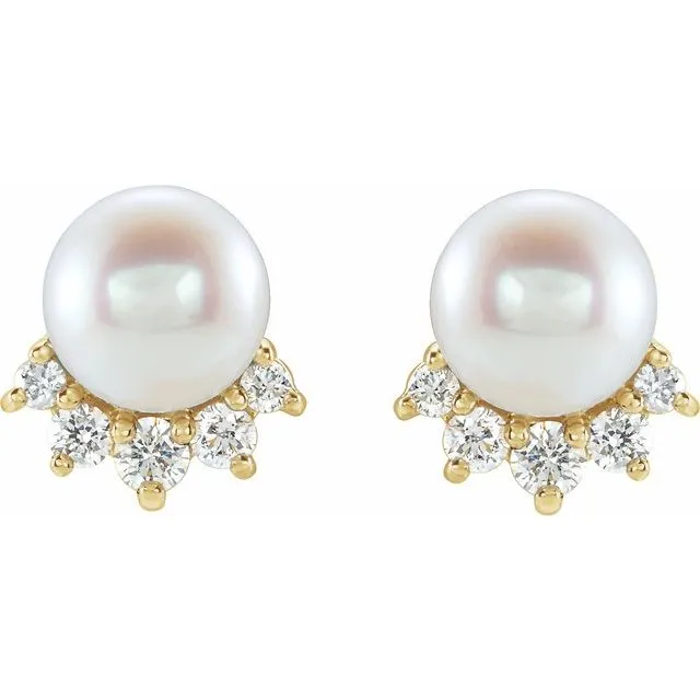 TreasureFineJewelers Earrings 14K Yellow Gold Cultured White Gold Freshwater Cultured Pearl 08 CTW Natural Diamond Earrings