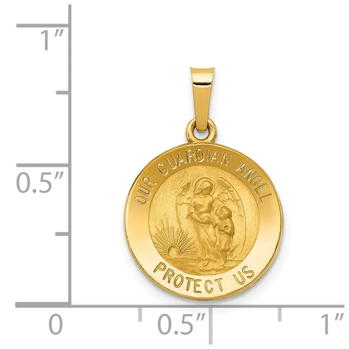 TreasureFineJewelers Necklaces 14k Yellow Gold Polished and Satin Our Guardian Angel Medal Hollow Pendant
