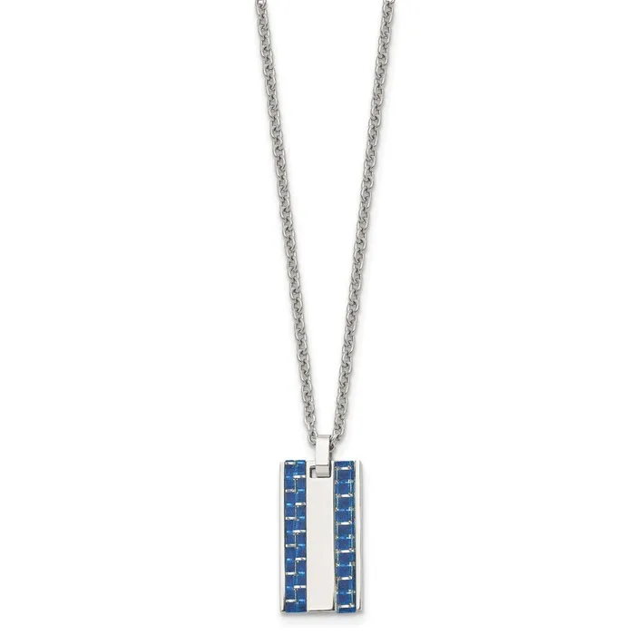 TreasureFineJewelers Necklaces Chisel Stainless Steel Polished with Blue Carbon Fiber Inlay Dog Tag on a 22 inch Cable Chain Necklace