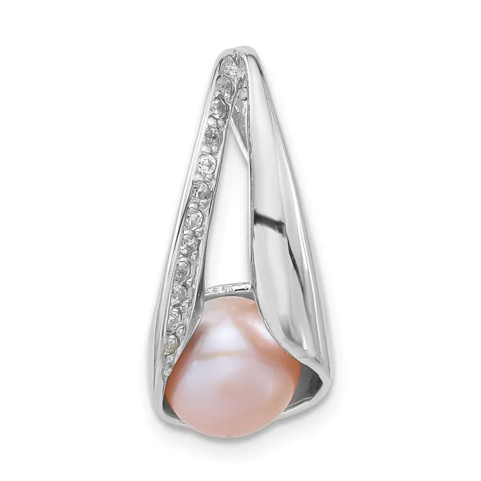 TreasureFineJewelers Necklaces Sterling Silver wCZ 78mm FW Cultured Button Pink Pearl Pendant
