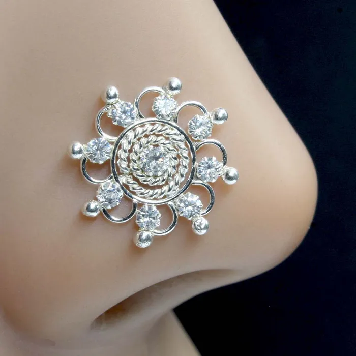 Karizma Jewels Earrings Big Wheel Style Real Sterling Silver CZ Women Nose Stud Push Pin