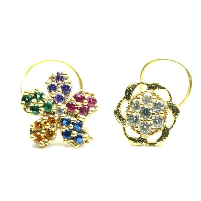 Karizma Jewels Rings 2pc Set Gold Plated Indian Flower Nose Stud CZ Twisted piercing nose ring