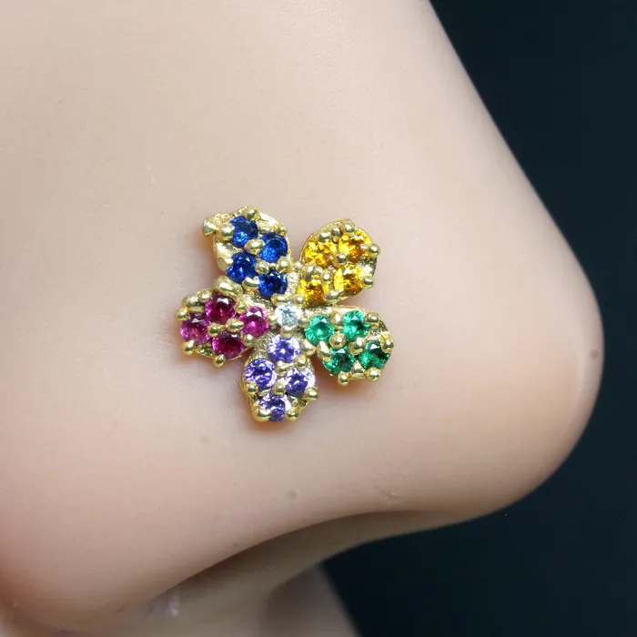 Karizma Jewels Rings 2pc Set Gold Plated Indian Flower Nose Stud CZ Twisted piercing nose ring