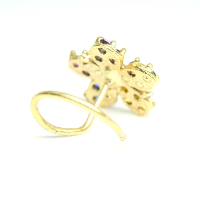 Karizma Jewels Rings 2pc Set Gold Plated Indian Flower Nose Stud CZ Twisted piercing nose ring