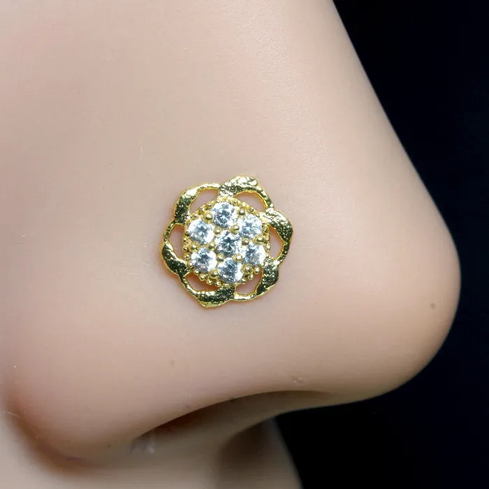 Karizma Jewels Rings 2pc Set Gold Plated Indian Flower Nose Stud CZ Twisted piercing nose ring