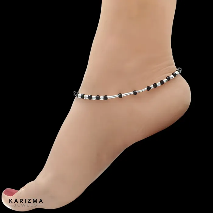 Karizma Jewels Rings Sterling Silver Indian women amazing black beads Anklet Pair 105