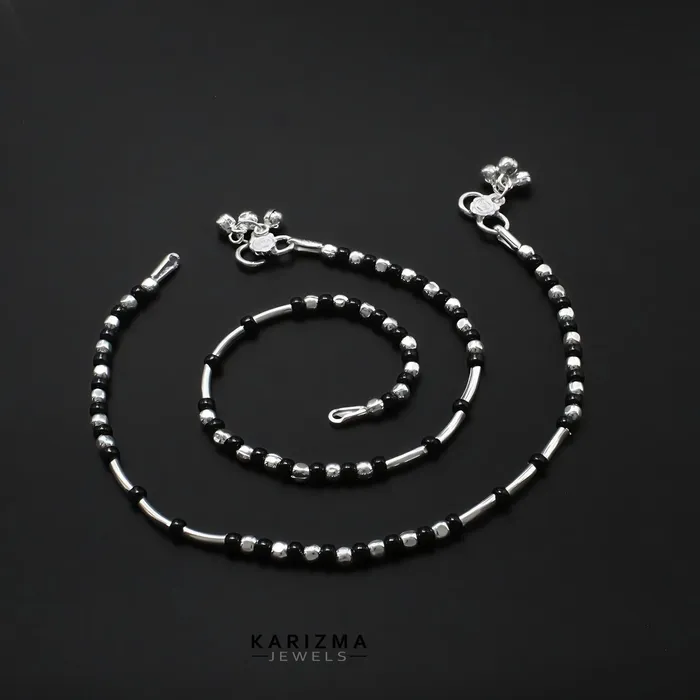 Karizma Jewels Rings Sterling Silver Indian women amazing black beads Anklet Pair 105