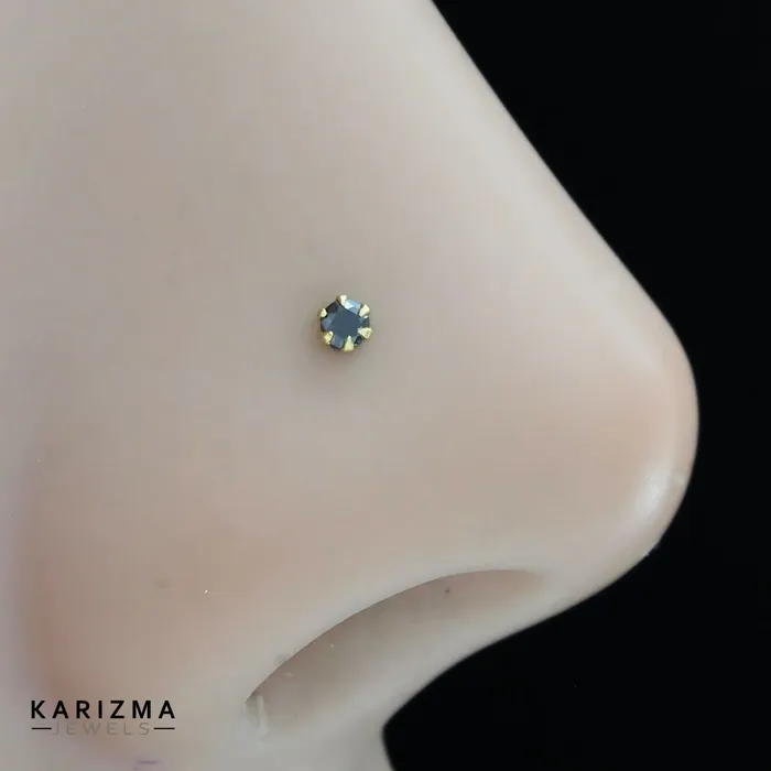Karizma Jewels Small Round 14K Real Gold Indian Women Black CZ Nose stud nose ring Push Pin Rings