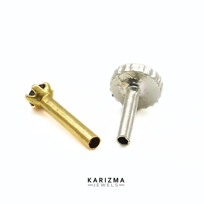 Karizma Jewels Small Round 14K Real Gold Indian Women Black CZ Nose stud nose ring Push Pin Rings