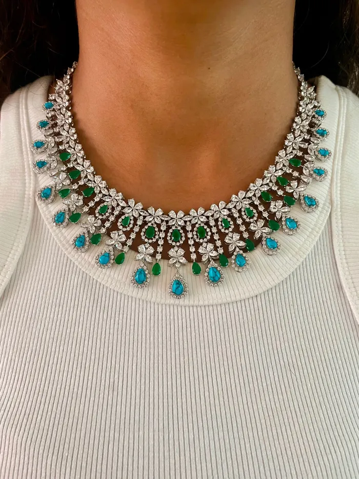 Necklaces Turquoise Drops Emerald Diamond Necklace Set Necklace Earrings PRERTO ECOMMERCE PRIVATE LIMITED Necklaces Turquoise Drops Emerald Diamond Necklace Set Necklace Earrings PRERTO ECOMMERCE PRIVATE LIMITED